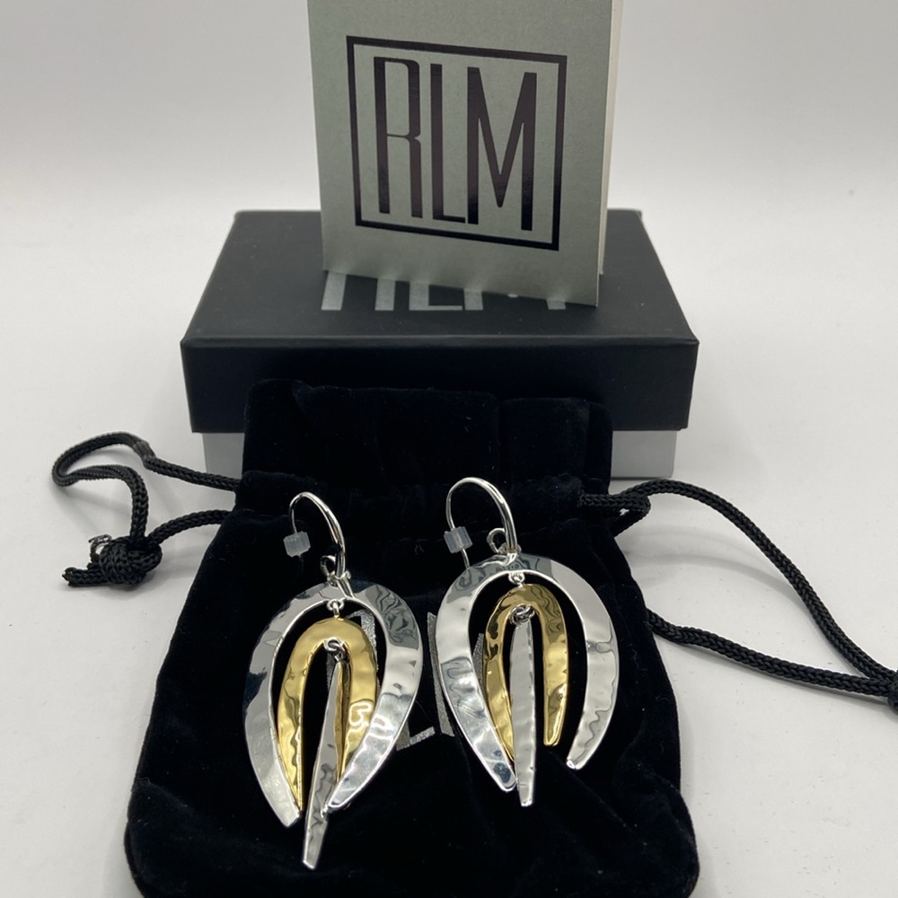 Robert Lee Morris Hammered 2 Tone Dangle Earrings Yellow White Bronze Pierced - Picture 8 of 12